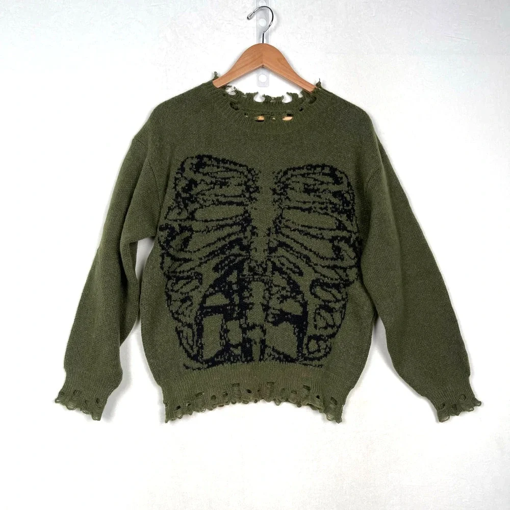 Goth Skeleton Rib Cage Distressed Super Soft Sweater Halloween Vibes Women Large - Picture 2 of 8